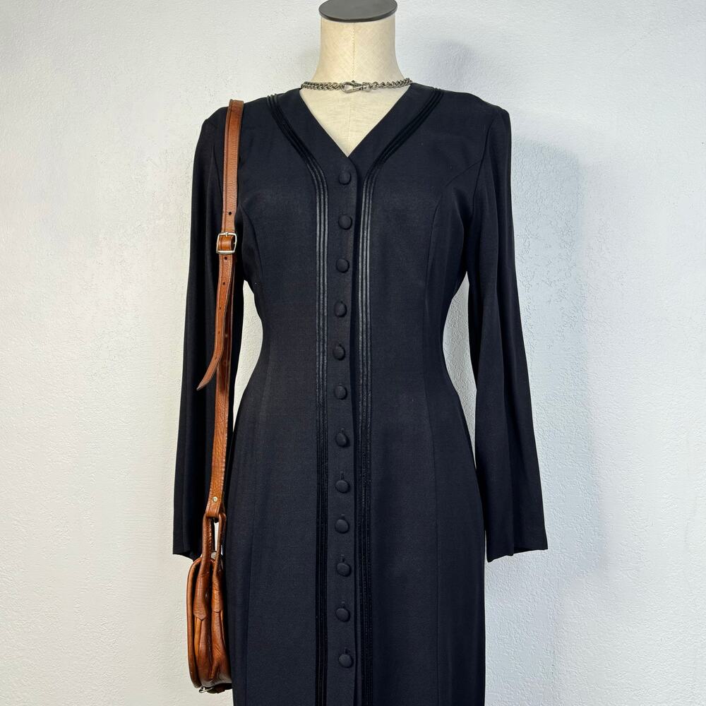 Vintage 80s 90s Black Button Front V-Neck Dress With Waist Tie Whimsigoth